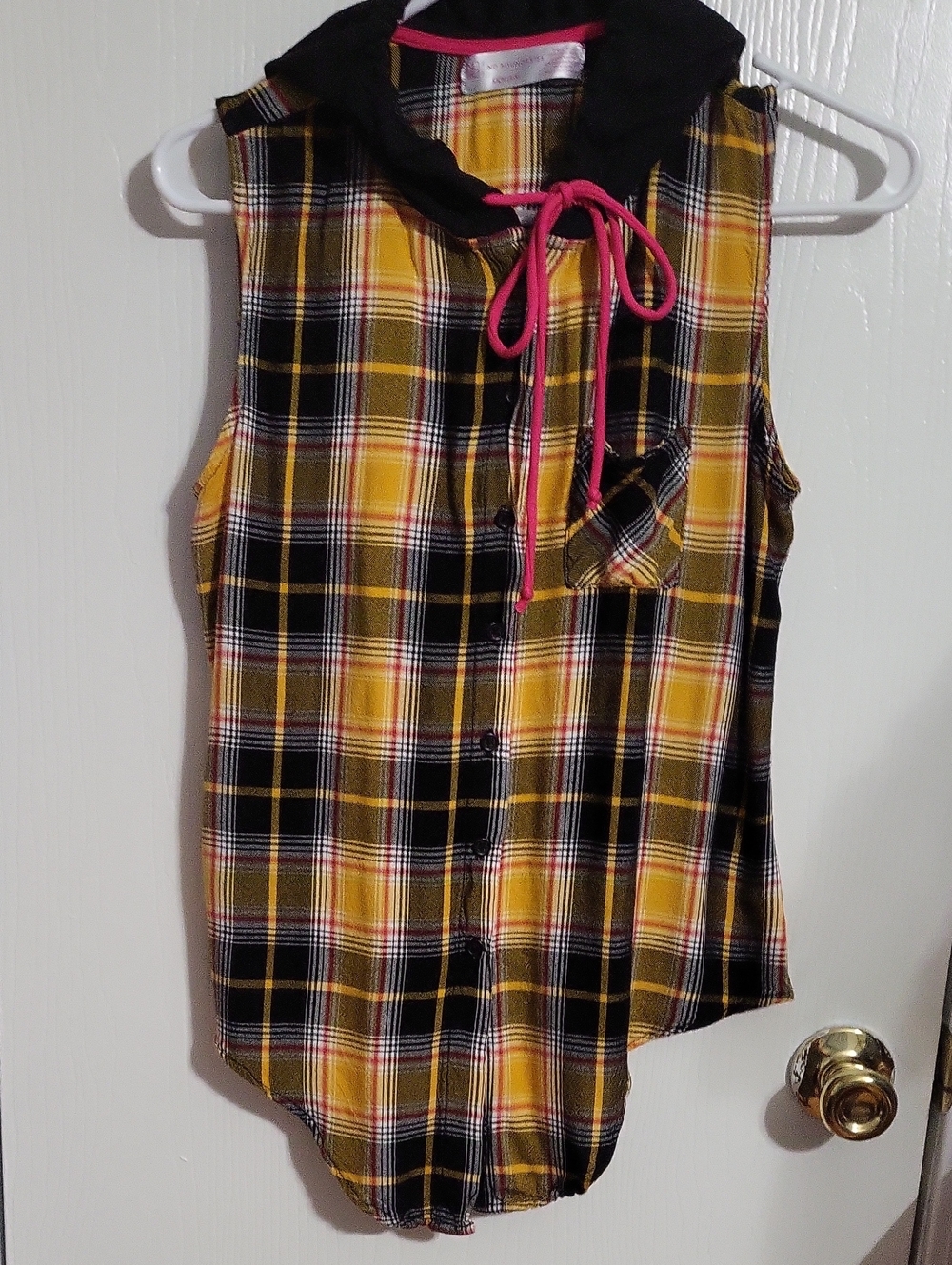 Shirt-Plaid Button Down Sleeveless with Hood#3198
